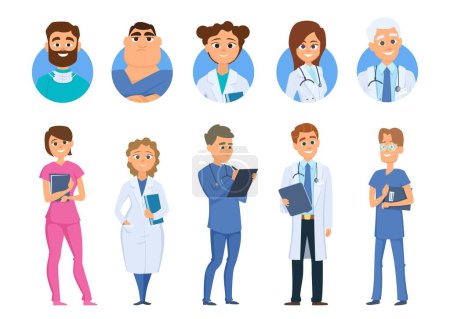 Illustration for Doctors characters. Nurse medical staff avatars, isolated cartoon hospital team vector set. Illustration team doctor staff, professional surgeon and worker - Royalty Free Image