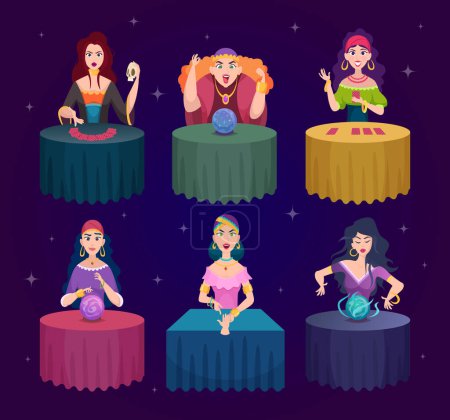 Illustration for Fortune tellers. Magician witches with fairytale crystal magic balls exact vector characters. Illustration witch and medium spiritual, mysterious paranormal - Royalty Free Image