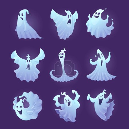 Illustration for Funny ghost. Halloween scary characters little spooky ghosts vector illustrations. Ghost spooky, spirit character phantom, smile halloween - Royalty Free Image