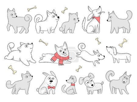 Illustration for Funny dogs. Domestic puppy characters in action poses sitting jumping playing vector animals. Domestic dog pose, funny puppy breed illustration - Royalty Free Image