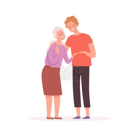 Illustration for Grandmother and grandson. Elderly character, old woman and boy, social worker or relative vector illustration. Grandmother and child, happiness relationship - Royalty Free Image