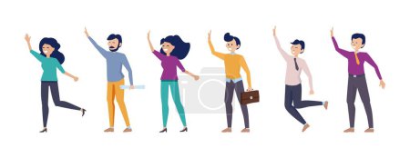 Illustration for Hello people. Man woman greetings characters, happy flat diverse persons vector set. Illustration friendship waving and greeting - Royalty Free Image