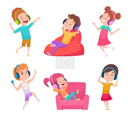 Illustration for Kids listen music. Children leisure enjoying sound happy lazy teens exact vector cartoon illustrations. Child leisure music sound - Royalty Free Image