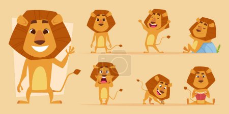Téléchargez les illustrations : Caricature de lion. Animal sauvage africain en action pose safari lions caractères vecteur isolé. Lion prédateur bonheur et effrayant, affamé et sympathique illustration de mascotte - en licence libre de droit