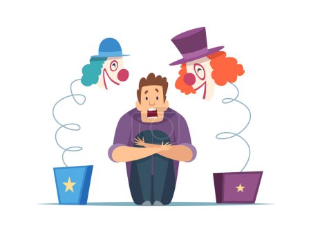 Illustration for Nervous man. Male in panic, fear of clowns. Isolated screaming guy, frightening circus toys vector illustration. Fear clown and horror evil, phobia fright - Royalty Free Image