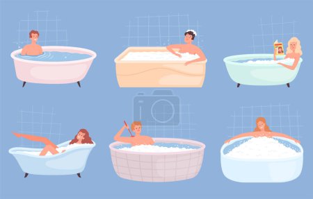Ilustración de Gente bañándose. Personas felices lavando cuerpo masculino y femenino y relajándose en personajes vectoriales de bañera. Persona de lavado de personas en la ilustración baño - Imagen libre de derechos
