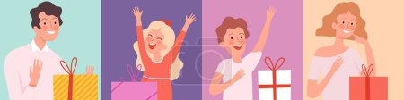 Illustration for People with gifts. Surprise characters, man woman girl boy and present boxes vector set. Illustration gift present to happy people on holiday - Royalty Free Image