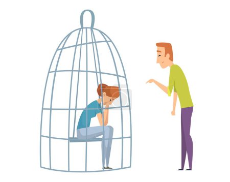 Illustration for Sad woman in cage. Domestic violence, man laughing sad girl. Wife husband, unhealthy family vector illustration. Girl in cage, woman loneliness, alone character concept - Royalty Free Image