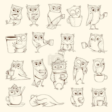Ilustración de Búhos con taza. Concepto de sueño pájaros personajes sentados en tazas de café ilustraciones vectoriales. Búho pájaro sueño dibujo, garabato humor línea emoción - Imagen libre de derechos