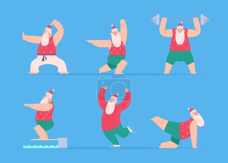 Illustration for Santa sport. Fitness christmas characters winter santa workout working exercises vector illustration. Fitness christmas santa, xmas exercise character - Royalty Free Image