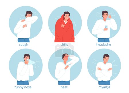 Illustration for Sick characters. Flu persons hospital bed headache illness medical problems vector characters. Illustration sick and flu character, person with influenza - Royalty Free Image