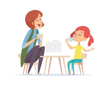 Illustration for Tea party game. Woman and girl playing in cafe or restaurant. Baby with nanny or mother vector illustration. Play tea with toyable table, leisure with daughter - Royalty Free Image