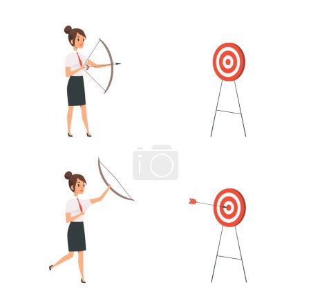 Illustration for Woman shooting target. Business lady win, manager holding bow and arrows. Girl hit goal vector concept. Illustration aiming and focusing, worker woman shooting - Royalty Free Image