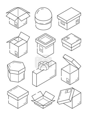 Illustration for Box isometric icon. Cardboard export package container small present with bow vector outline symbols. Illustration of outline box and package, parcel and pack cardboard - Royalty Free Image