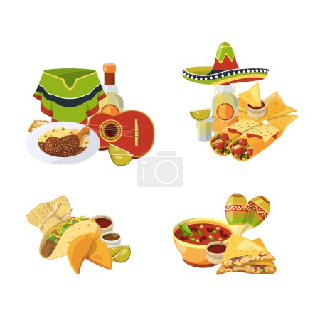 Ilustración de Montones de comida mexicana de dibujos animados vectoriales establecidos aislados en la ilustración de fondo blanco. Comida mexicana y almuerzo, chile y especias tradicionales - Imagen libre de derechos