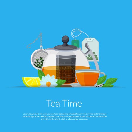 Illustration for Vector cartoon tea kettle and cup in paper pocket illustration. Kettle for tea, teapot and teabag banner - Royalty Free Image