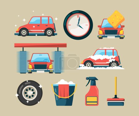 Illustration for Car wash icon set. Foam roller washing machines cleaning auto service vector cartoon symbols isolated. Illustration of car service wash, washer and sponge - Royalty Free Image