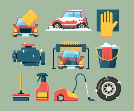 Illustration for Car wash service. Dirty machines in clean building water bucket wiping sponge vector icons cartoon. Wash car service, clean transport equipment illustration - Royalty Free Image