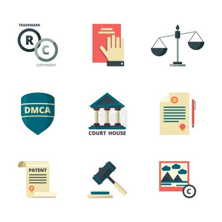 Copyright icons. Business company legal law quality administration policy regulations compliance vector flat colored symbols. Legal law copyright, protection intellectual content illustration