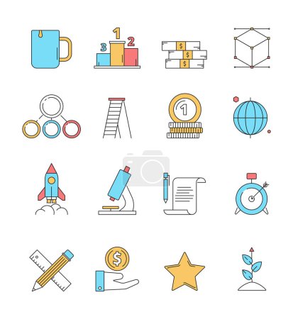 Illustration for Colored startup icons. Business plan perfect innovation idea dreams entrepreneurship investors vector linear icon isolated. Start up strategy development icons, funding financial project illustration - Royalty Free Image
