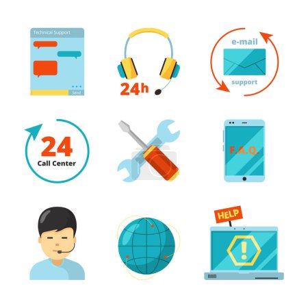 Illustration for Customer service icon. Support 24h business help call center managers computer chat consultant vector flat symbols isolated. Illustration of support service online, contact center help - Royalty Free Image