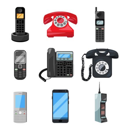 Illustration for Different telephones and smartphones. Vector illustrations in cartoon style. Phone mobile and smartphone for communication - Royalty Free Image