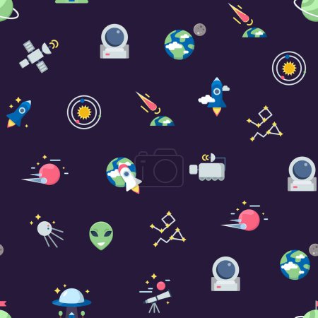 Ilustración de Iconos de espacio plano vectorial patrón o ilustración de fondo. Galaxia del universo con estrella y cohete, fondo sin costuras - Imagen libre de derechos