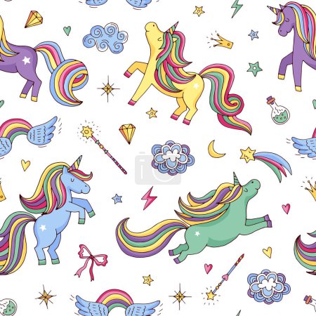 Illustration for Vector cute hand drawn magic unicorns and stars pattern or background illustration. Unicorn and magic pony with horn - Royalty Free Image