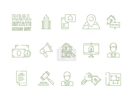 Illustration for House for sale icons. Realtor rent or selling buildings realty symbols new homeowner vector linear thin pictures. Real estate thin line icon set, residential apartment building illustration - Royalty Free Image