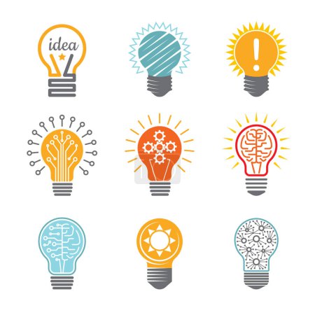 Illustration for Ideas bulb symbols. Creative tech innovation electrical icon for business logotype vector colorful various templates. Illustration of idea bulb, innovation business logo - Royalty Free Image