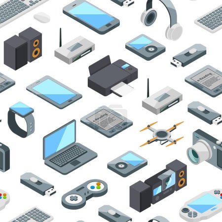 Illustration for Vector isometric gadgets icons pattern or background illustration. Printer and drone, router and flash drive - Royalty Free Image
