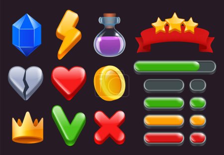 Illustration for Game ui kit icons. Stars colored ribbons menus and status bars for online web or smartphone games interfaces vector 2d symbols. Gui for app play, ui progress star illustration - Royalty Free Image