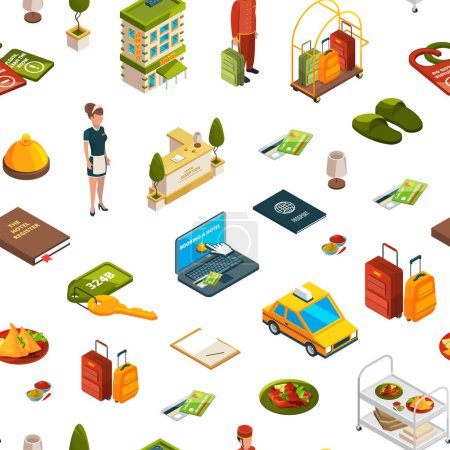 Illustration for Vector isometric hotel icons pattern or background illustration. Hotel service isometric perspective, room service breakfast - Royalty Free Image