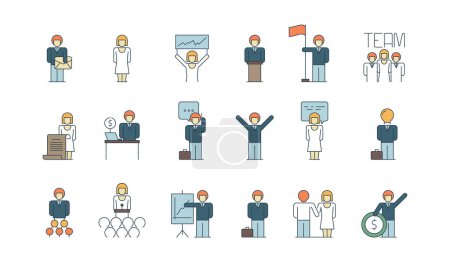 Illustration for Simple business team icon. Social communication meeting group or person work discussion presentation thin line colored symbols. Teamwork people, business leadership learning and speak illustration - Royalty Free Image