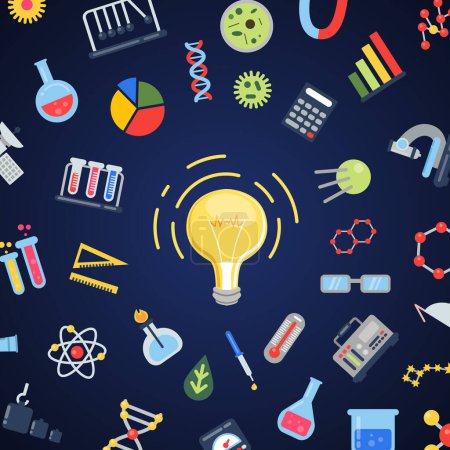 Illustration for Vector flat style science icons flying around lightbulb concept illustration - Royalty Free Image
