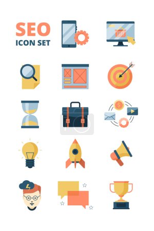 Illustration for Social media icon. Promotion web advertizing startup media email marketing business and seo symbols vector flat pictures. Illustration of optimization and management analysis, idea and solution - Royalty Free Image