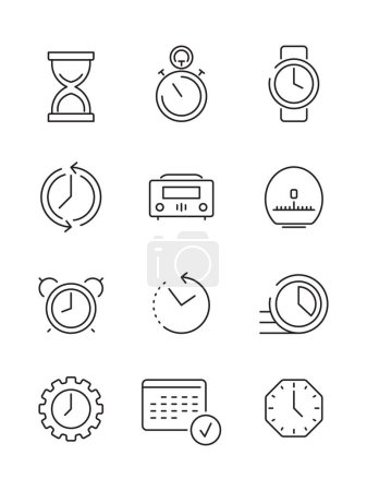 Zeitsymbole. Kalenderuhr schnelle Arbeitszeit überschaubare dünne lineare Iconvektorsammlung. Abbildung von Zeit und Kalender, Sanduhr und Countdown