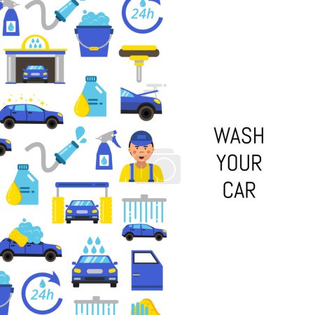 Téléchargez les illustrations : Fond vectoriel avec des icônes plates de lavage de voiture et endroit pour l'illustration de texte - en licence libre de droit