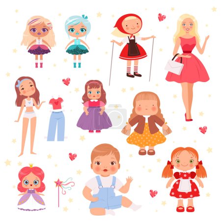 Illustration for Dolls toys. Cute playing model for kids joyful toys vector set. Illustration doll for kids, cartoon toys for children - Royalty Free Image