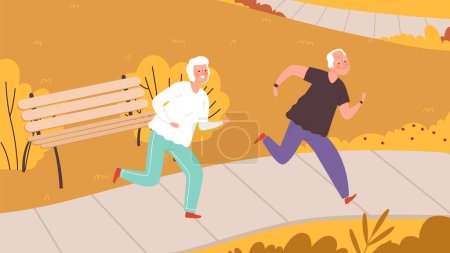 Ilustración de Ancianos corriendo en el parque de otoño. Personajes de personas mayores felices, actividad de otoño al aire libre. Ilustración vectorial estilo de vida saludable. Parque deportivo de otoño, gente corriendo estilo de vida - Imagen libre de derechos