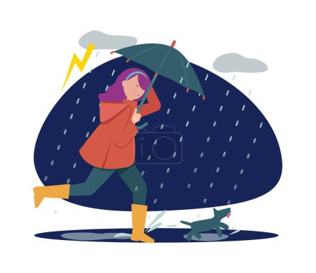Illustration for Rainy walking with dog. Girl with umbrella in storm weather, autumn season. Pet holder walk time vector illustration. Girl and dog under umbrella in rainy autumn - Royalty Free Image