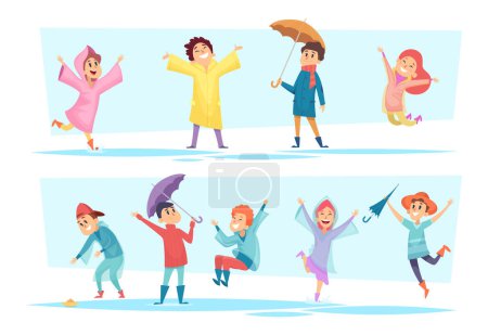 Ilustración de Personajes de lluvia. Niños felices jugando en los charcos de otoño impermeable clima húmedo líquido estacional juegos vector personas. Ilustración personaje feliz caminando y saltar en la lluvia - Imagen libre de derechos