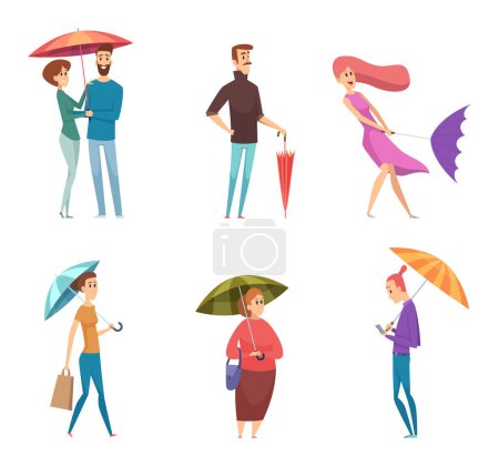 Illustration for Umbrella people. Depressed characters in raining day holding and walking with umbrellas vector adults. Illustration people with umbrella, rain and wind - Royalty Free Image