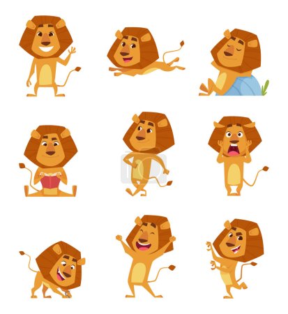Illustration for Wild lion cartoon. Cute african big lions mascot in various poses walking standing jumping relaxing vector characters. Lion predator happiness and brave illustration - Royalty Free Image