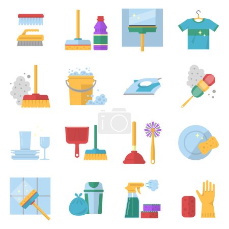 Illustration for Cleaning service symbols. Different colored tools in cartoon style. Equipment for clean, bucket and mop, glove and sponge, brush and soap. Vector illustration - Royalty Free Image