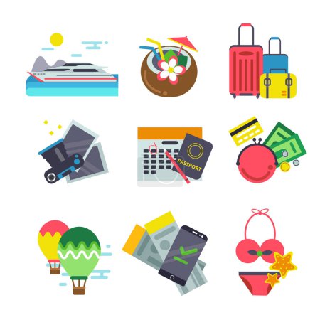 Ilustración de Diferentes iconos de viajar. Ilustraciones vectoriales vacaciones de verano en estilo plano. Viaje de verano y vacaciones, cámara y barco, maleta y pasaporte - Imagen libre de derechos