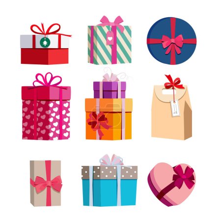 Téléchargez les illustrations : Boîtes cadeaux de différentes couleurs avec rubans. Illustrations vectorielles ensemble de cadeaux colorés pour l'anniversaire et la nouvelle année - en licence libre de droit