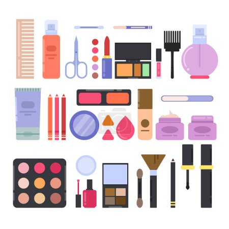 Illustration for Different makeup accessories for girls and women. Cosmetics illustrations in flat style. Lipstick cosmetic for beauty girl, makeup fashion - Royalty Free Image