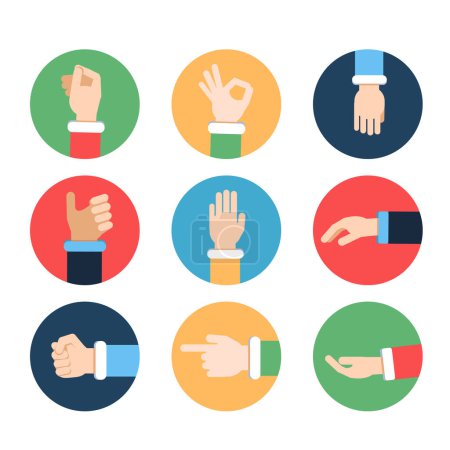 Illustration for Different hands in action poses. Vector pictures in colored frames. Hand gesture pointing and ok, illustration of positive gesture - Royalty Free Image