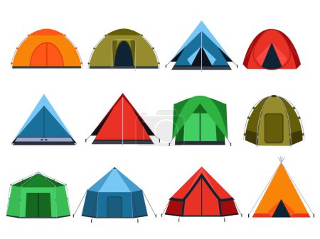 Téléchargez les illustrations : Différentes tentes de touristes pour le camping. Images vectorielles en style plat. Tente pour voyage et voyage, tente abri pour illustration d'aventure - en licence libre de droit